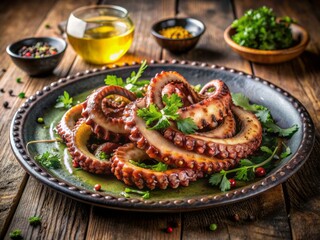 Savory grilled octopus tentacles elegantly arranged on a rustic plate, drizzled with olive oil and sprinkled with fresh herbs, against a clean background with ample copy space.