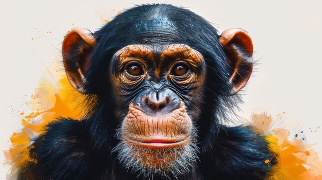 Curious chimpanzee is staring at you on an artistic colorful background of yellow and orange splashes