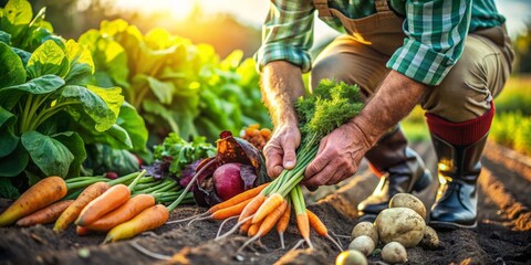 Weathered hands tenderly nourish a thriving row of vegetables, employing gentle no-till farming methods to preserve soil health and prevent erosion in a lush garden setting.