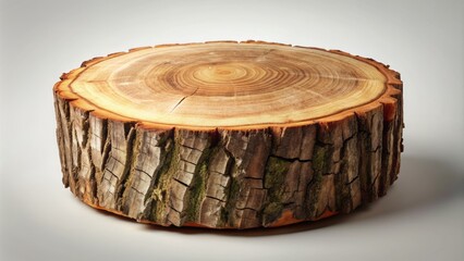 A rustic, weathered wooden tree slice trunk stump, with visible growth rings and natural imperfections, isolated on a light background, evoking a sense of forest serenity.