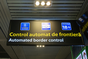 EU Passport automated control airport sign for Schengen area in airport.