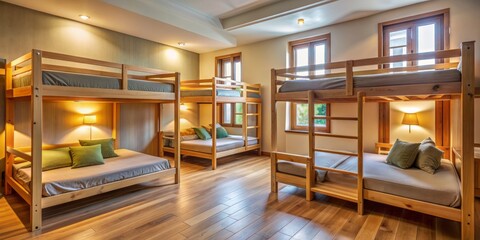 Inviting hostel room with wooden bunk beds, soft warm lighting, and comforting colors, creating a cozy atmosphere perfect for families and friends to relax together.