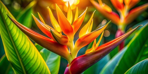 Vibrant heliconia flower centerstage, warm dusk light accentuating bold yellow and orange hues, intricately detailed bracts, and delicate textures in extreme macro close-up.