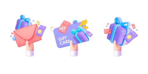 3D set of gifts for invitations, gift certificates, and email newsletters about upcoming promotions. Vector image.  Hand holding invitation red letter with gift card and ticket