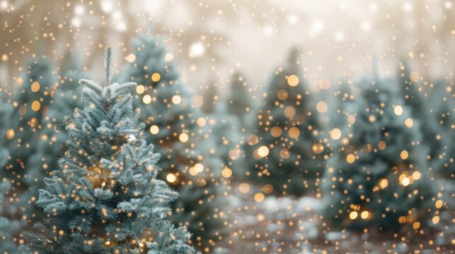 A serene Christmas tree farm with soft bokeh lights and snow gently falling on vibrant green trees