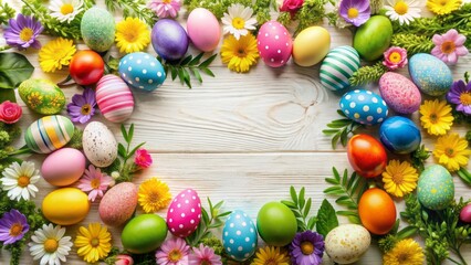 Obraz premium Vibrant Easter background with assorted colorful eggs, decorative flowers, and greenery, surrounded by ample whitespace, perfect for adding festive holiday messages or captions.