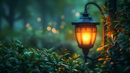 Vintage lantern is casting a warm glow on the surrounding foliage, creating a magical atmosphere in a tranquil garden at twilight