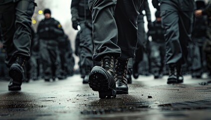 Obraz premium Close-up of Soldiers' Boots on the Move