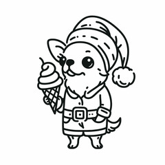 Obraz premium Chihuahua Dog wearing a santa hat and santa claus costumes hold a ice cream in Christmas Eve Holiday Funny Party Cute Doodle Cartoon Line Art Vector Clipart 