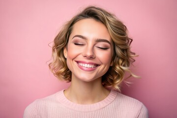Fototapeta premium Serene portrait of a happy individual with closed eyes, a radiant smile, and a gentle head tilt, set against a soft pink background.