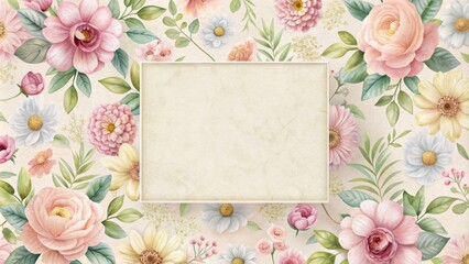 Soft pastel floral pattern on textured paper provides a delicate backdrop for a crisp white square, inviting creativity and personalized messaging or design elements.