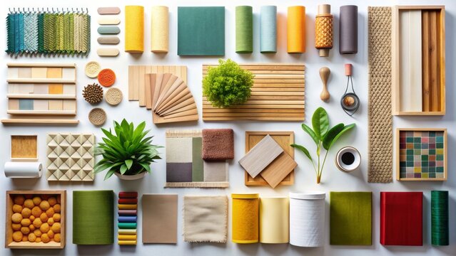 Colorful and vibrant flat lay composition showcasing assorted building materials, natural textiles, and personal accessories on a pristine white background, perfect for architects and designers.