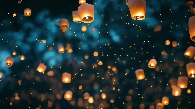 Night sky filled with glowing floating lanterns