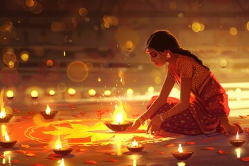 Woman Lighting Diwali Festival Lamps on Floor