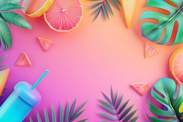 Vibrant tropical arrangement with colorful fruits and refreshing drink on a soft gradient background