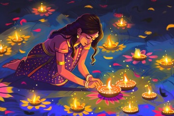 Woman Lighting Diwali Festival Lamps on Floor