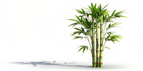 Obraz premium Single stalk of bamboo with feathery green leaves and woody stem standing upright, isolated on a clear white background with subtle shadows.