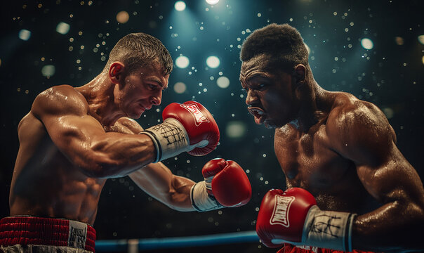 two boxers confronting each other on the boxing ring, embodying strength, competition, and intensity - Powered by Adobe