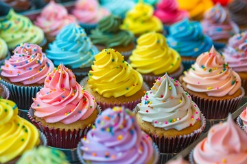 Colorful cupcakes on display for sale at a market stall