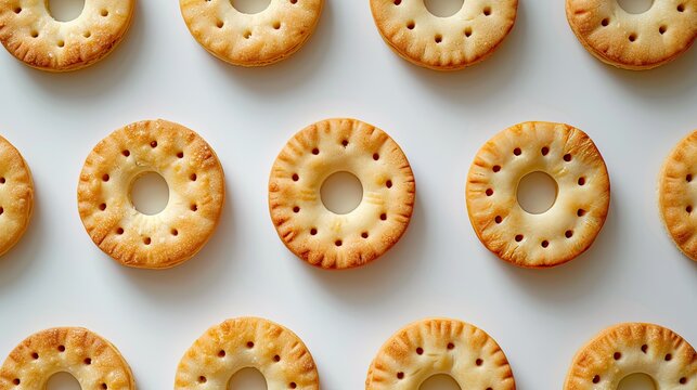 Close-up of round biscuits featuring a hole in the center, displayed on a white background, ideal for culinary and snack imagery