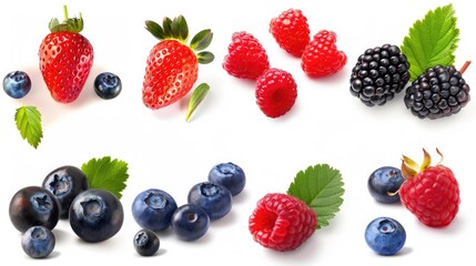 Collection of fresh berries isolated on a white background, showcasing vibrant strawberries, blueberries, raspberries, and blackberries