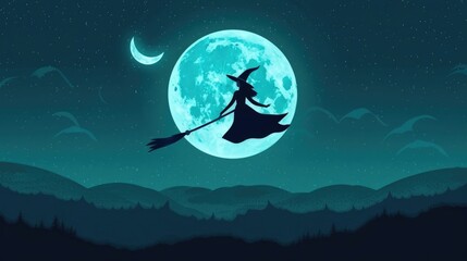 Spooky of a witch flying on a broomstick against a full moon in a dark mysterious landscape with hills mountains and clouds  The scene has a haunting enchanting and supernatural atmosphere