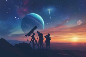 Space tourists observing distant planets and galaxies through high-powered telescopes, enjoying the wonders of the universe 