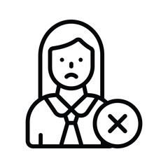 Cross sign with female avatar denoting concept icon of rejected employee