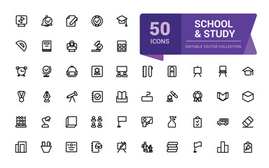 School and Study line icons collection. Web and UI icon set in a flat design. Thin outline icons pack. Vector illustration.