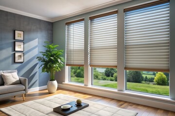 Modern smart blinds with sleek design and automated light control feature, set against a solid color background, representing innovative window treatment technology.