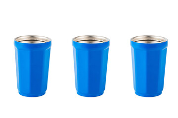 Blue aluminium water glass isolated transparent background with clipping path.