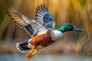 Obraz premium Isolated on transparent background, a Northern Shoveler bird in mid-flight, showcasing its vibrant green head, yellow eyes, and striking brown and white feathers in detail.