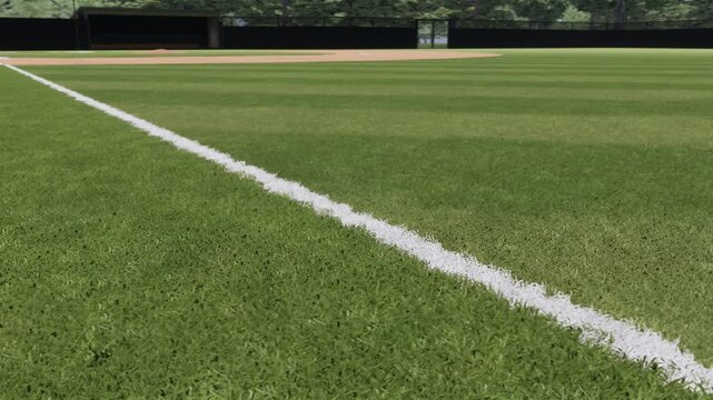 closeup of baseball field lines in a stadium surrounded by trees during the day