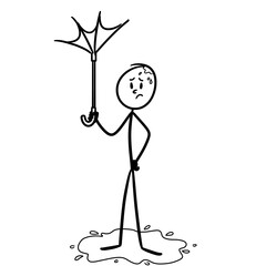 Stick figure got wet because the umbrella he was carrying was broken
