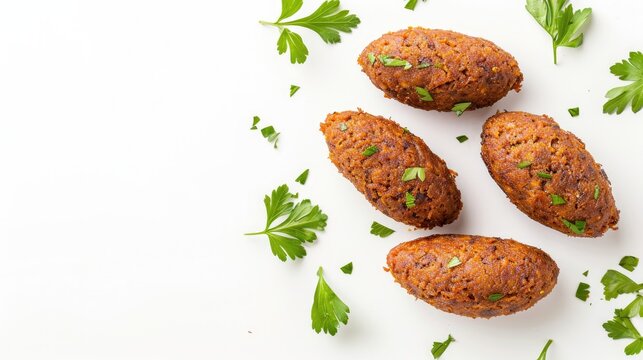 Isolated top view of Lebanese kibbeh on a white background, providing copy space for food-related designs and text