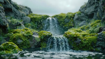 Fototapeta premium A waterfall is surrounded by moss and rocks