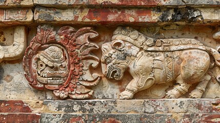 Mayan Relief Carving of a Mythical Creature in Ancient Temple