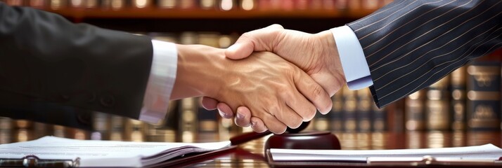 A professional handshake is observed between a lawyer and a client in a courtroom setting, symbolizing their mutual agreement and collaboration as they prepare for legal proceedings