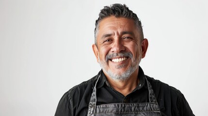 Obraz premium Middle-aged Latin man smiling in an apron, looking at the camera with a clean white background, perfect for culinary and family-oriented designs