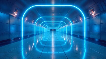 Fototapeta premium Futuristic tunnel with blue neon lights reflecting on the tiled floor and vanishing in the distance