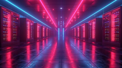Server room hosting glowing with blue and pink neon lights reflecting on the wet floor in a data center