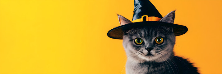 A cute gray cat with striking yellow-green eyes wears a small black witch hat, standing out against a vibrant yellow background, evoking a playful, festive Halloween spirit