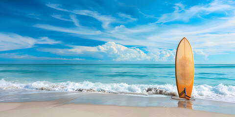 A surfboard stands alone on a sandy beach, facing vibrant blue ocean waves under a bright sky with fluffy clouds, creating a serene, tropical atmosphere