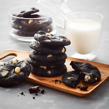 Homemade oatmeal cookies with banana, oats, nuts and chocolate drops on a wooden board with a glass of latte on a light background. Side view, copy space for text. Healthy food. Oatmeat biscuits.