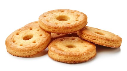 Round biscuits with a hole in the center, set against a white background, ideal for showcasing snack and bakery items