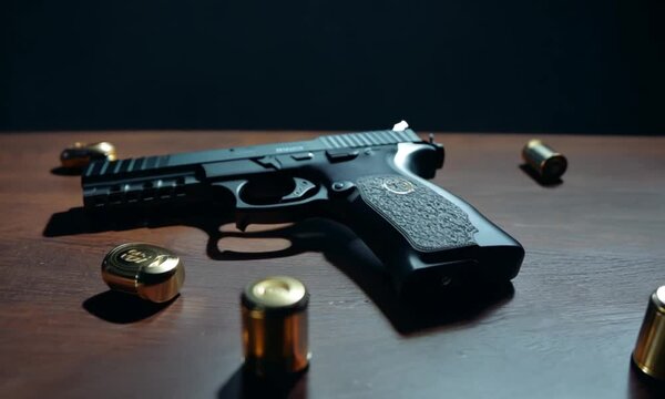 Gun with ammunition on dark wooden background