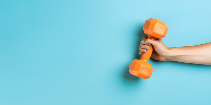 A hand grips a vibrant orange dumbbell against a clean, light blue background, emphasizing fitness and strength training