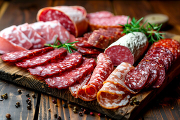 A wooden cutting board with a variety of meats, including salami, pepperoni, and sausage