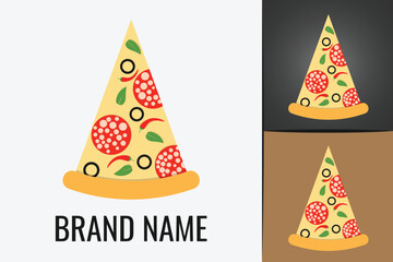 Pizza slice logo. Logotype Fast food Pizzeria cafe delivery. Cheese dripping pizza italian menu logo