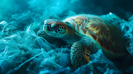 Fototapeta premium A sea turtle rests among plastic debris on the ocean floor, showcasing its vibrant shell colors and intricate patterns, while surrounded by a blue-toned murky water environment